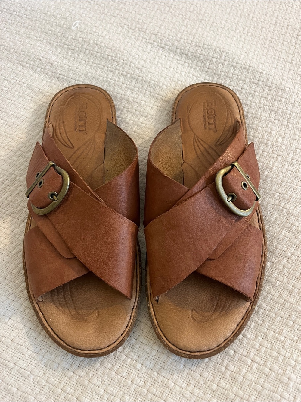 Born Women's Tan Brown Leather Cross-Band Slide Sandals with Buckle